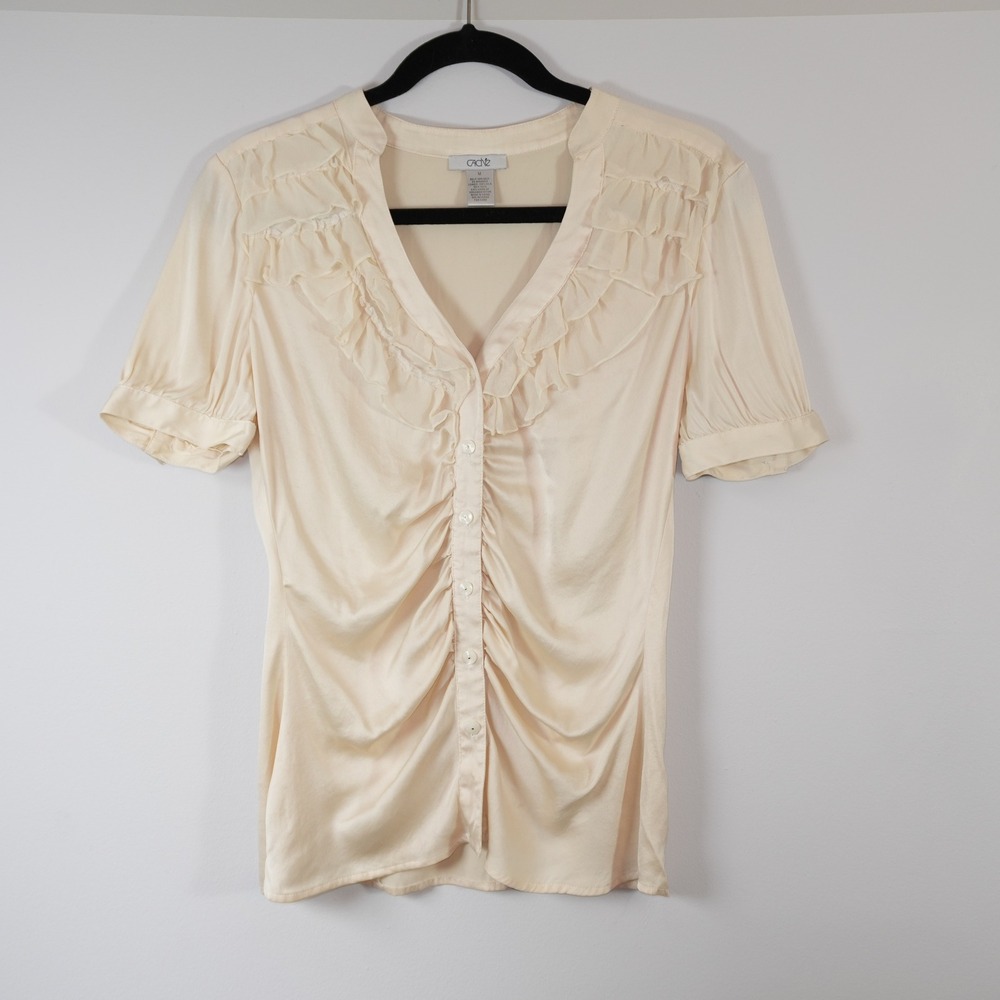 Cache Silk Ruffle Blouse Feminine Ivory Short Sleeve Ruched Button Front Top M